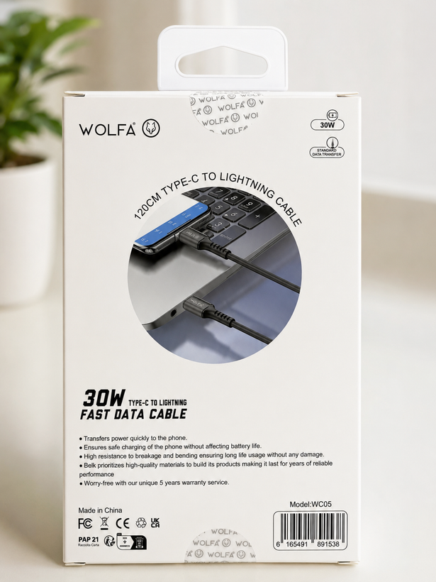 کابل شارژ سریع WOLFA WC05 Type-C به Lightning، توان 30 وات