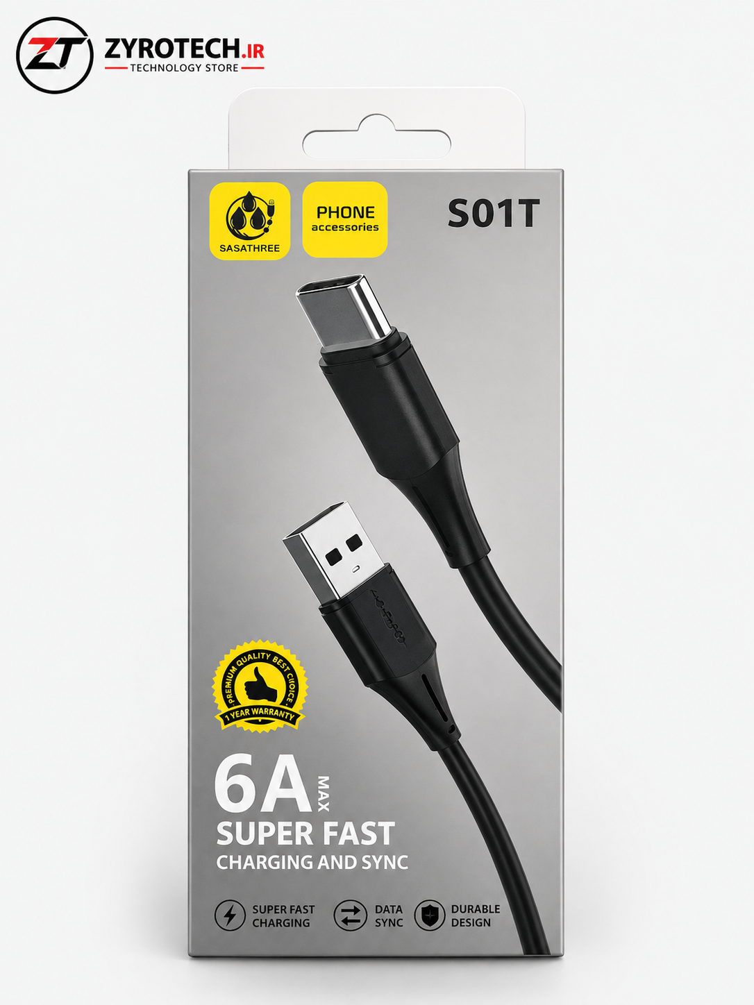 کابل شارژ سریع SASATHREE S01T Type-C با توان 6 آمپر