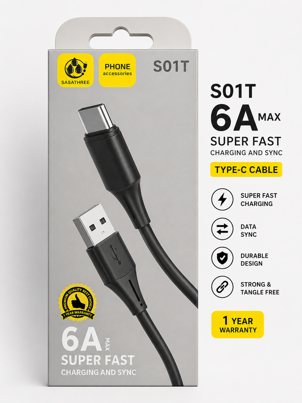 کابل شارژ سریع SASATHREE S01T Type-C با توان 6 آمپر